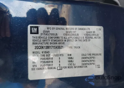 2007 Chevrolet Silverado 1500 Lt2 from USA, damaged, VIN 2GCEK13M171543621